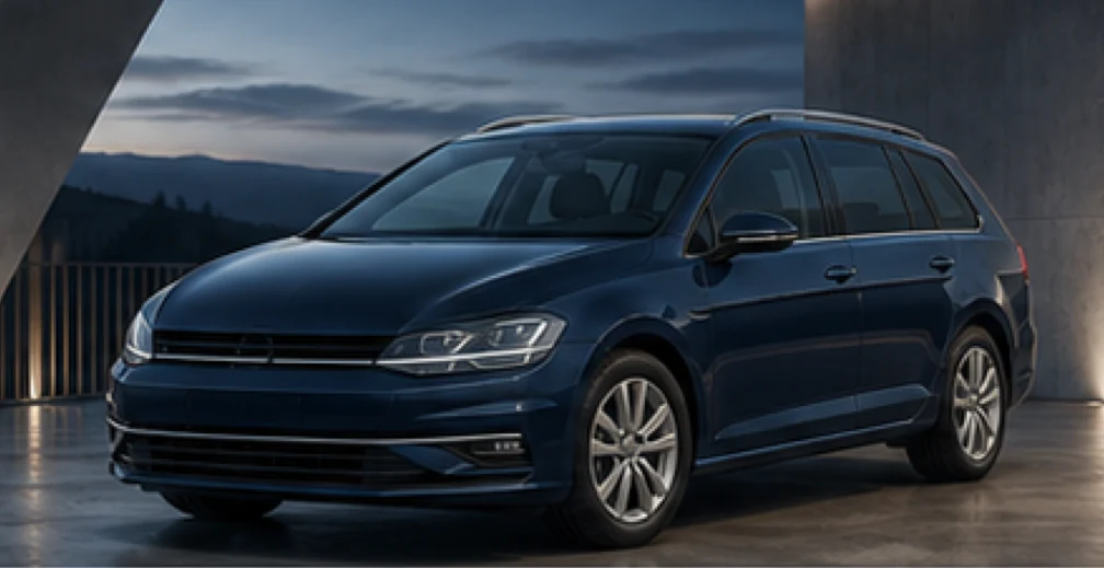 Dunkelblauer Volkswagen Golf VII Variant im modernen Fahrzeugstudio